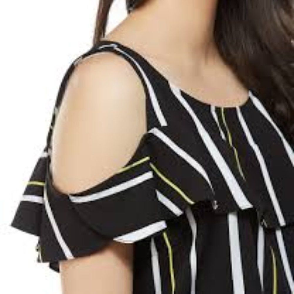 NYGARD Black,White Cold Shoulder,Ruffle Sleeve Top
